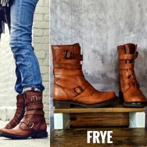Frye Veronica Tanker Cognac Brown Strappy Belted Moto Combat Boots Size 8